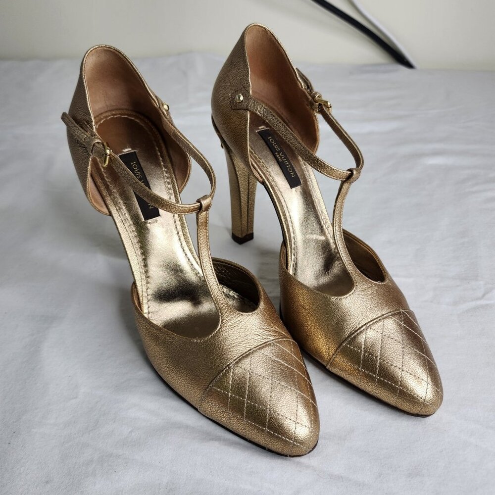 Louis Vuitton Pumps Bronze Metallic Gold Logo Ult High Heels Size 36 Glam Tstrap